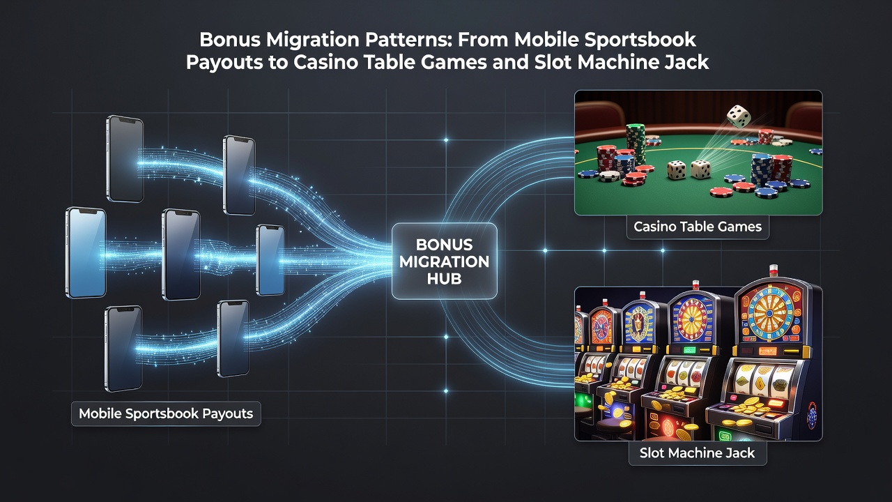 Slot machine reels spinning alongside mobile sportsbook and table game icons on a single device screen