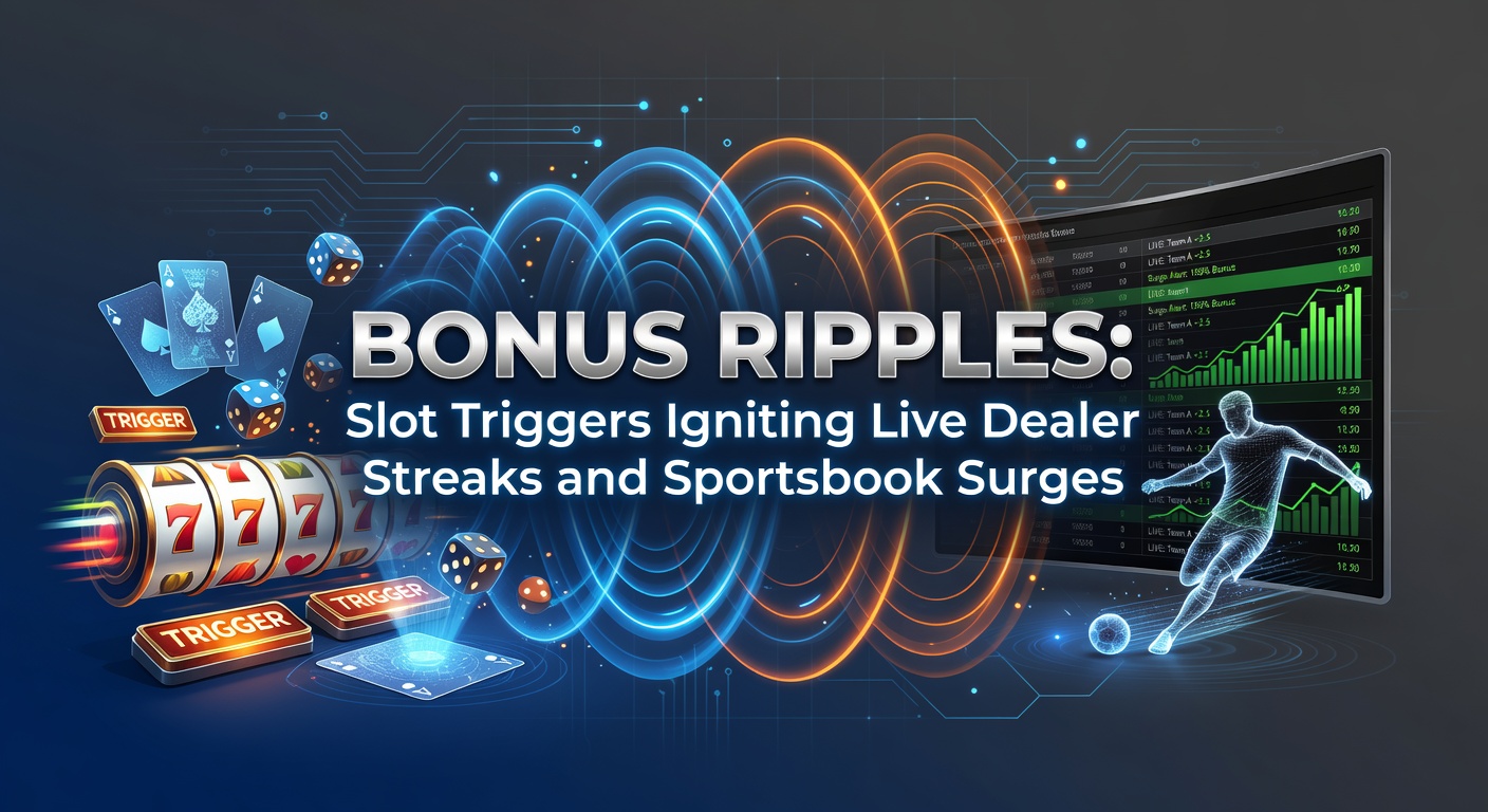 Vibrant slot machine bonus round transitioning to live dealer table and sportsbook odds screen, illustrating promotional ripple effects