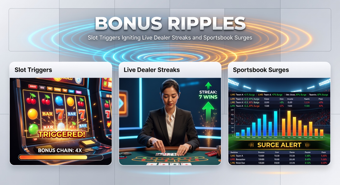 Animated graphic of slot bonus exploding into live dealer streak and sportsbook odds boost, with glowing ripple effects connecting the games