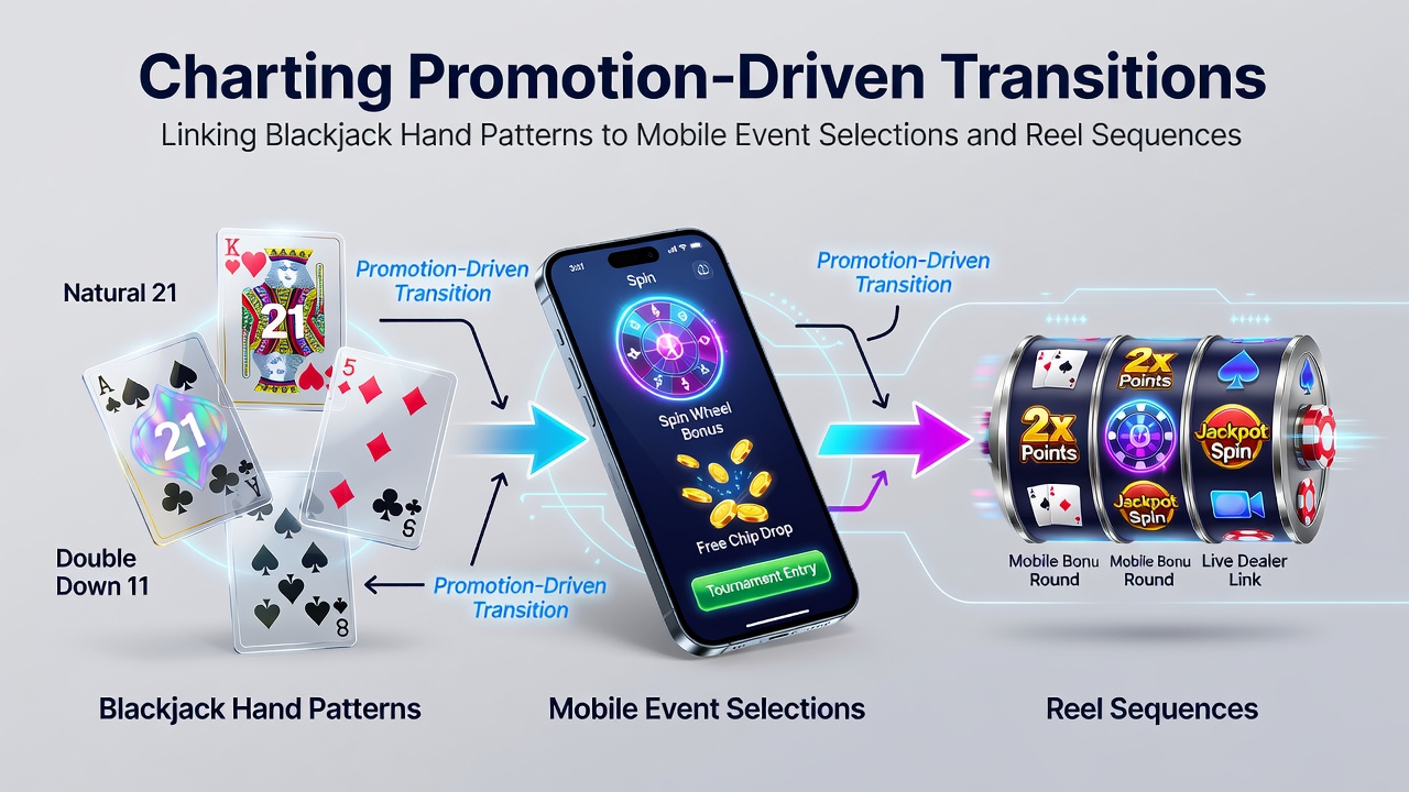 Diagram showing promotional links between blackjack hands, mobile sports events, and slot reel cycles on gaming platforms