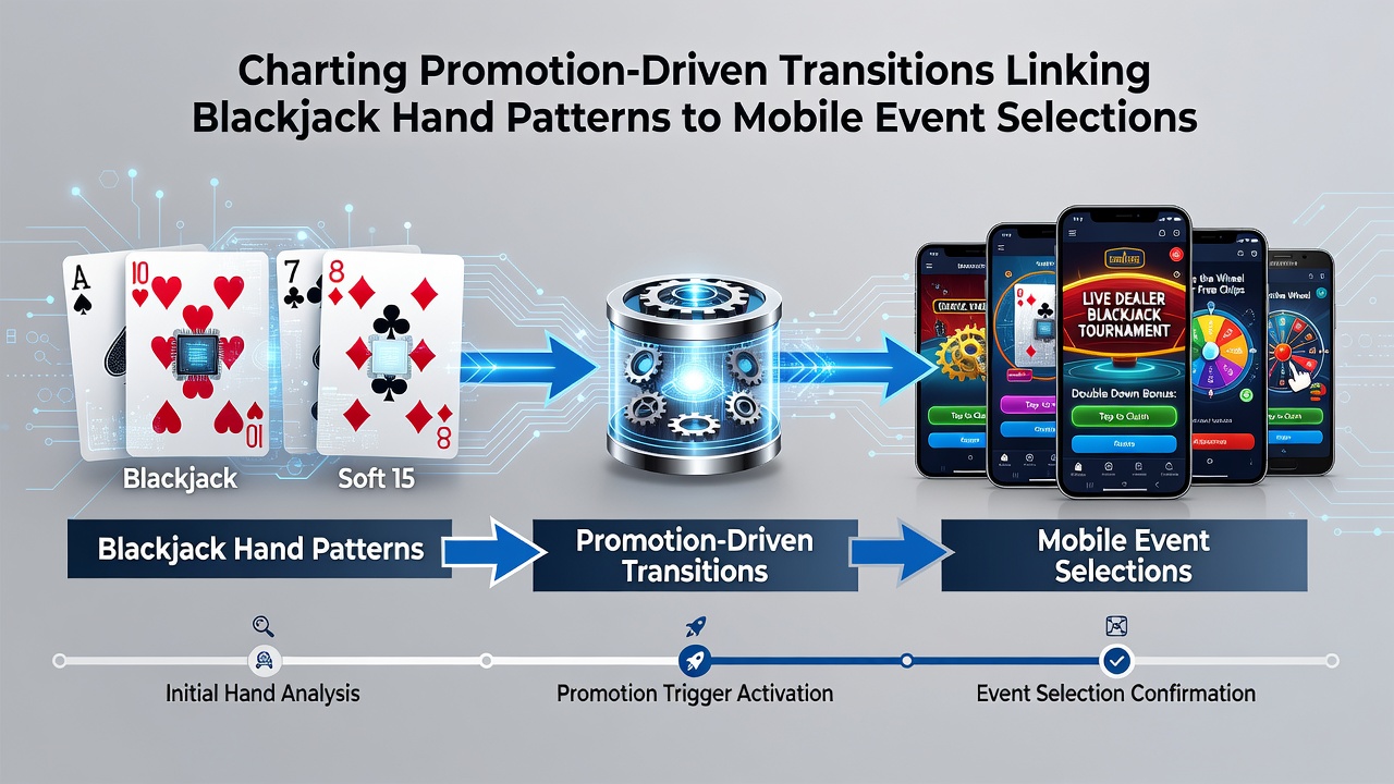 Flowchart illustrating transitions from blackjack patterns through promotions to slot reel sequences on mobile devices