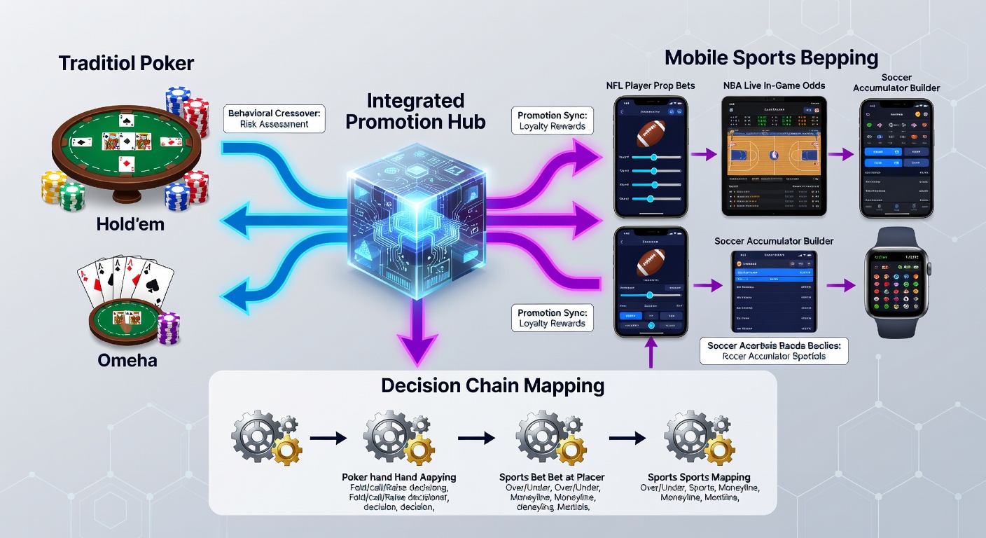 Mobile screen capture showing seamless transition between poker table interface and sports betting dashboard under a shared promotional offer