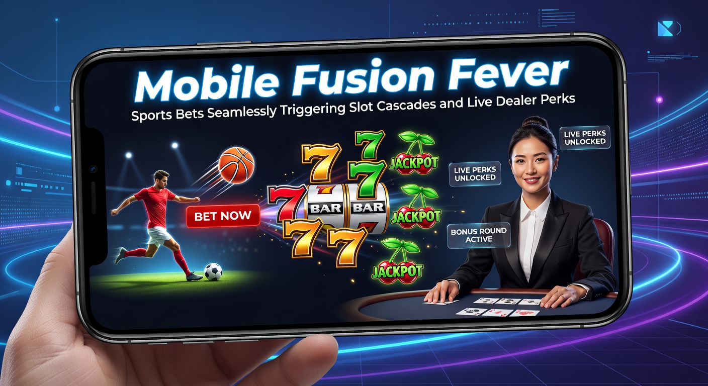 Smartphone screen displaying a sports bet outcome seamlessly transitioning into a cascading slot bonus feature, with live dealer table previews in the background
