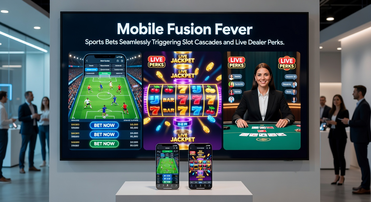 Close-up of a mobile interface where a live soccer bet victory activates a slot cascade animation alongside a live dealer roulette wheel with bonus entry glowing