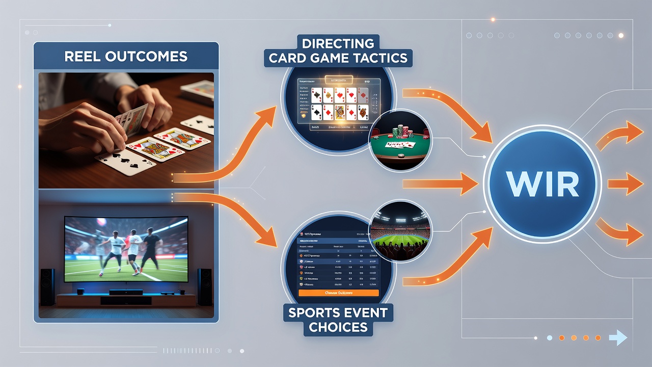 Illustration of data flows between mobile slot reels, card game interfaces, and live sports betting screens connected by promotional arrows
