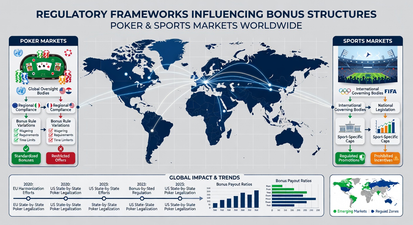 Comparison chart showing bonus structures under different international regulatory regimes for poker and sports betting