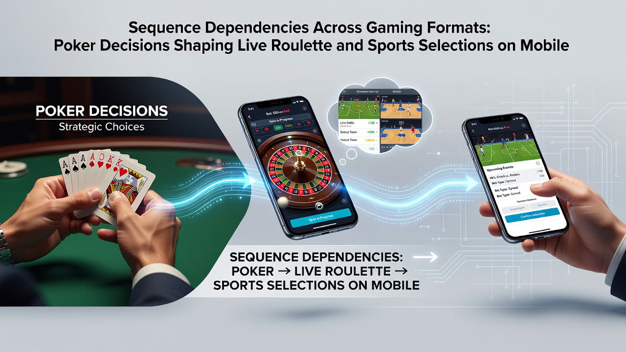 Visual representation of interconnected gaming interfaces showing poker hand analysis transitioning into roulette wheel patterns and mobile sports betting dashboards