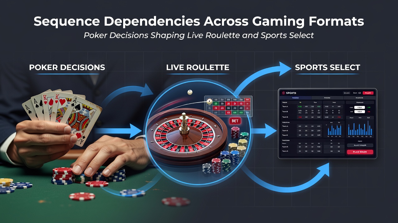 Split-screen display illustrating a poker decision tree flowing into live roulette chip placement and then into mobile sports event selection screens