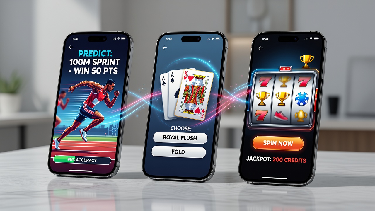 Mobile device displaying interconnected sports betting, card games, and slot interfaces with bonus indicators