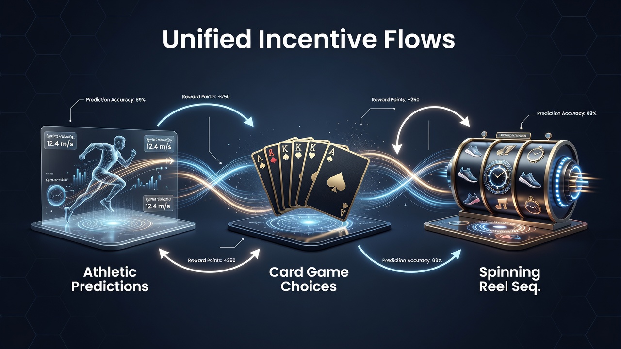Flow diagram illustrating bonus transfers between sports predictions, card games, and slot reels on mobile screens