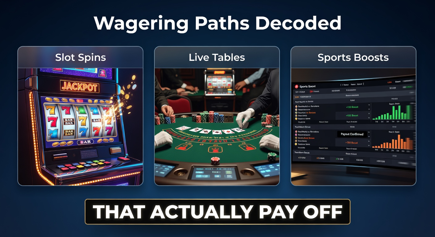 Dynamic graphic showing intertwined paths of slot reels spinning, live dealer cards flipping, and sports betting odds climbing toward payout zones